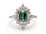 Rose gold Fancy Green Emerald Cut Halo Diamond Cluster Ring with Marquise and Round Stones on a White Gold Band with Prong Setting