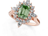 Rose gold Fancy Green Emerald Cut Halo Diamond Cluster Ring with Marquise and Round Stones on a White Gold Band with Prong Setting_1
