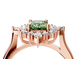 Rose gold Fancy Green Emerald Cut Halo Diamond Cluster Ring with Marquise and Round Stones on a White Gold Band with Prong Setting_4