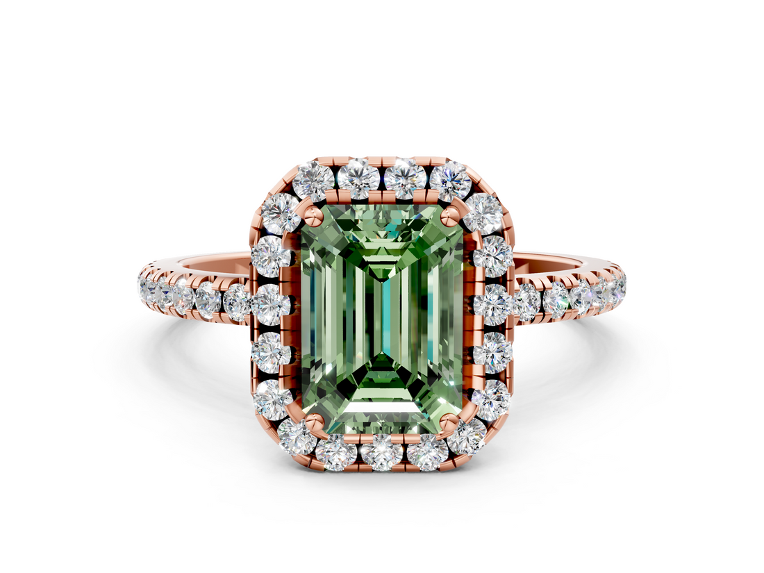 Rose gold Fancy Green Emerald  Cut Halo Diamond Engagement Ring with Pave Band and Four-Prong Setting_20