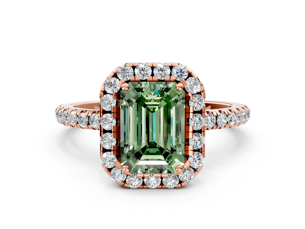 Rose gold Fancy Green Emerald  Cut Diamond Floral Halo Engagement Ring with Pavé Band and Prong Setting