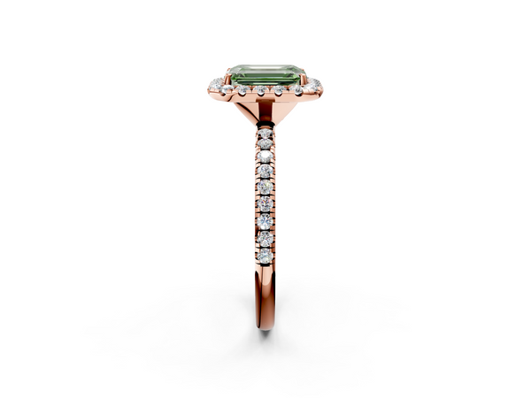 Rose gold Fancy Green Emerald  Cut Diamond Floral Halo Engagement Ring with Pavé Band and Prong Setting