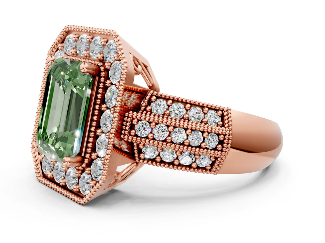 Rose gold Fancy Green Emerald Cut Halo Diamond Engagement Ring with Pave Split Shank and Four-Prong Setting_12