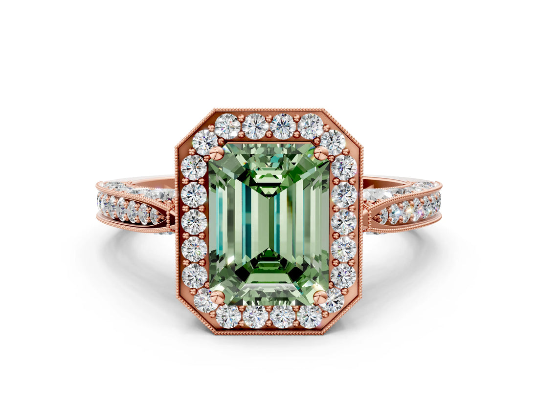 Rose gold Fancy Green Emerald Cut Halo Diamond Engagement Ring with Split Shank Band and Four-Prong Setting
