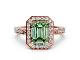 Rose gold Fancy Green Emerald Cut Halo Diamond Engagement Ring with Split Shank Band and Four-Prong Setting