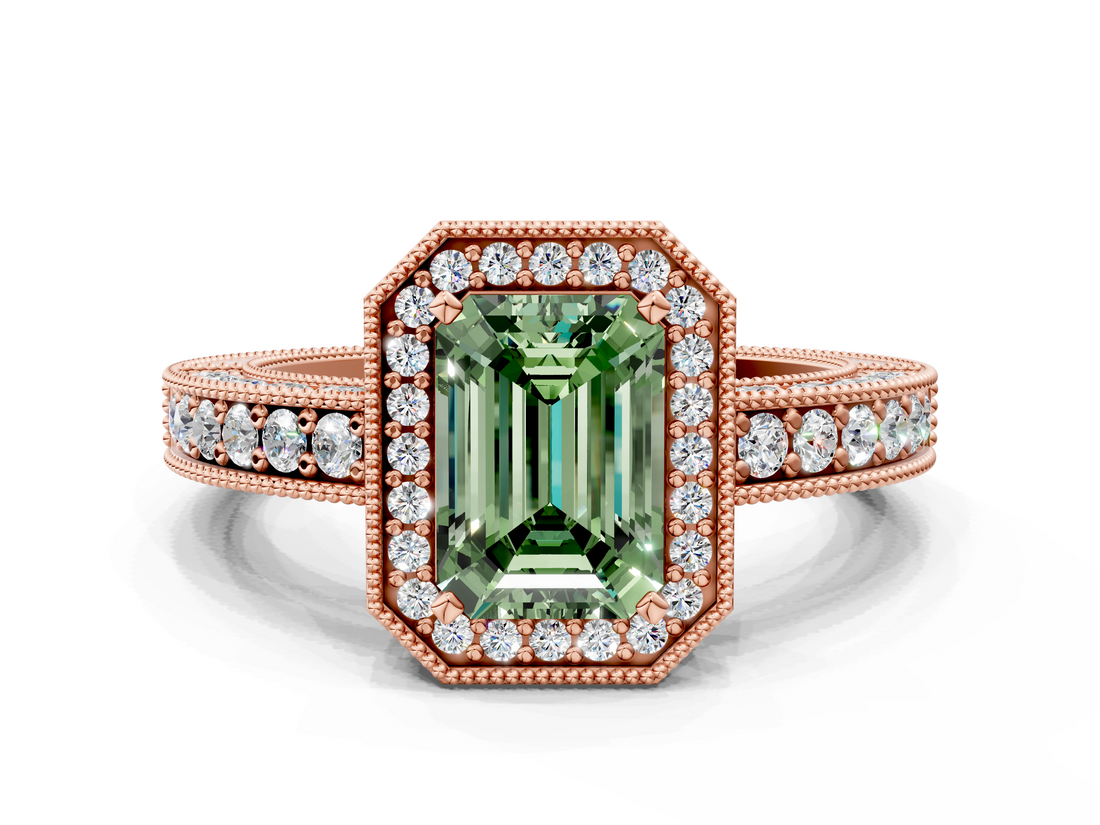 Rose gold Fancy Green Emerald  Cut Halo Diamond Pave Band Ring with Four-Prong Setting_44
