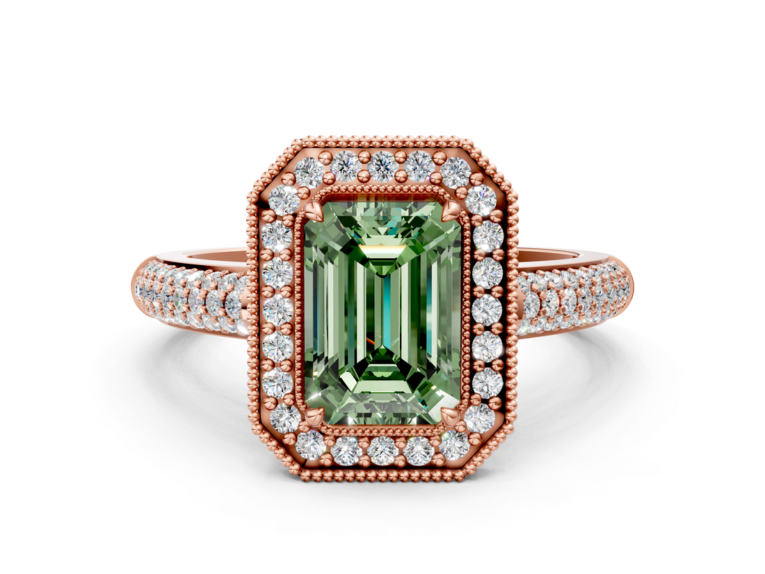 Rose gold Fancy Green Emerald  Cut Halo Diamond Pave Band with Four-Prong Setting_37