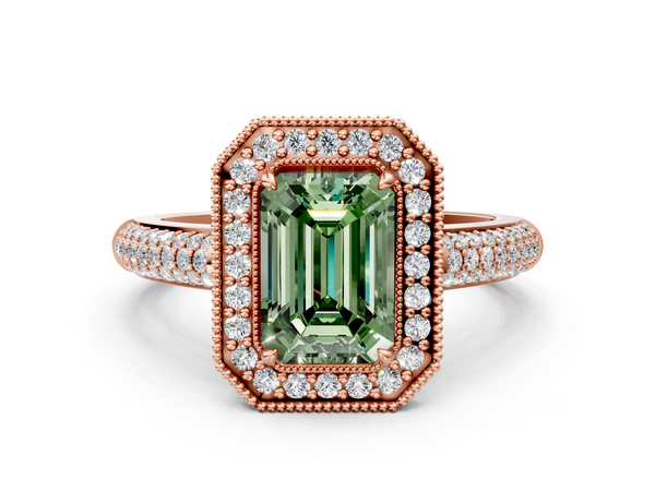 Rose gold Fancy Green Emerald  Cut Halo Diamond Pave Band with Four-Prong Setting