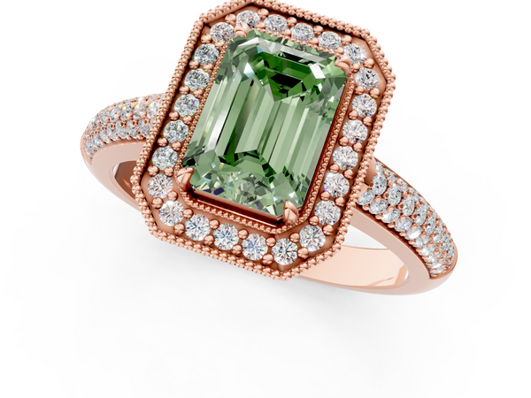 Rose gold Fancy Green Emerald  Cut Halo Diamond Pave Band with Four-Prong Setting