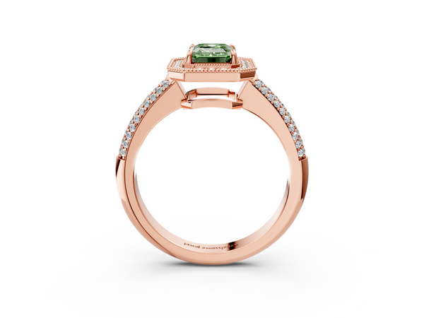 Rose gold Fancy Green Emerald  Cut Halo Diamond Pave Band with Four-Prong Setting