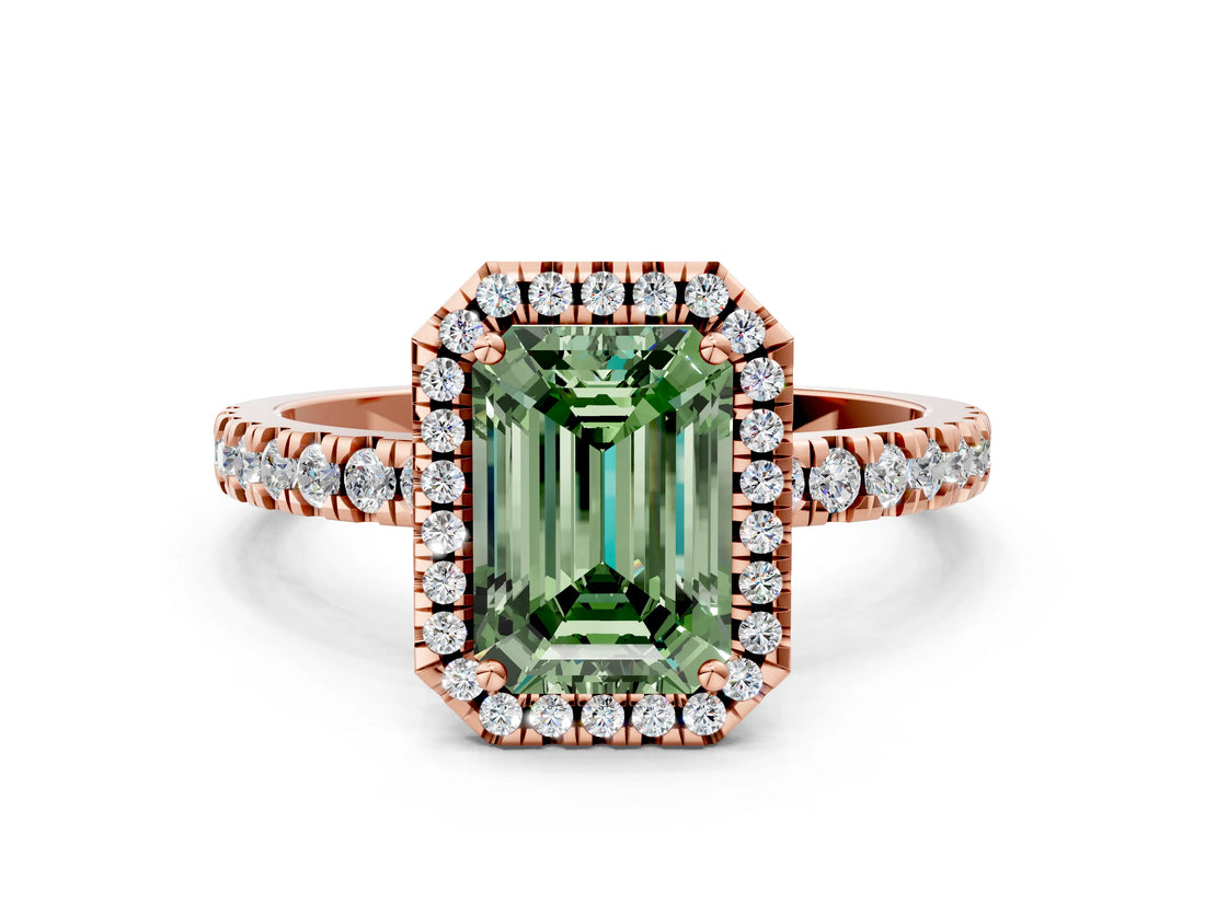 Rose gold Fancy Green Emerald Cut Halo Diamond Pave Band with Prong Setting