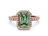 Rose gold Fancy Green Emerald Cut Halo Diamond Pave Band with Prong Setting