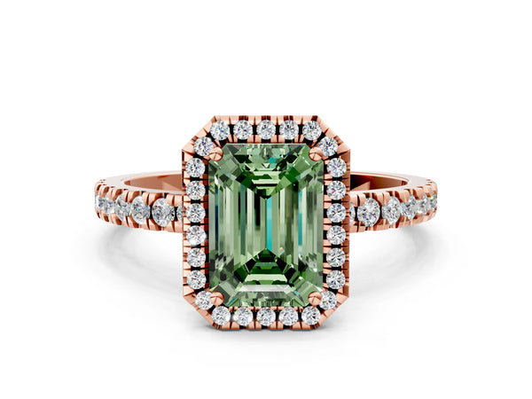 Rose gold Fancy Green Emerald Cut Halo Diamond Pave Band with Prong Setting