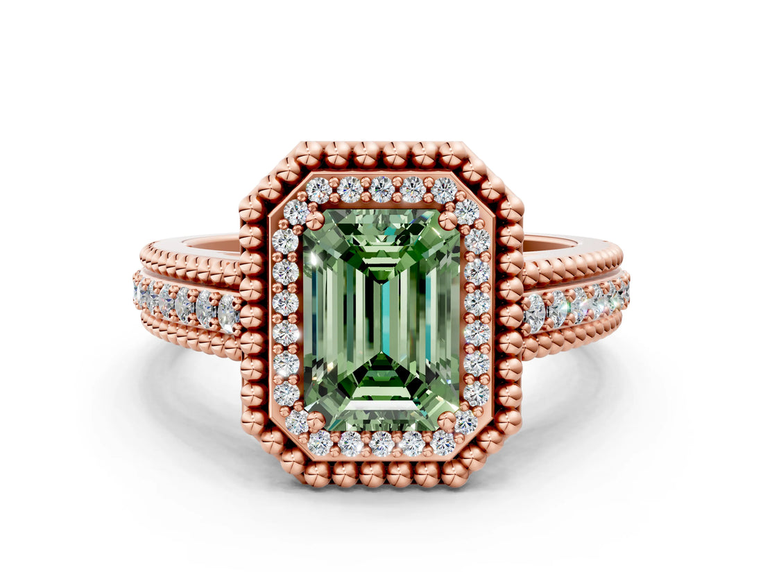 Rose gold Fancy Green Emerald Cut Halo Diamond Ring with Beaded Split Shank and Four-Prong Setting
