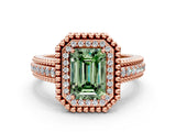 Rose gold Fancy Green Emerald Cut Halo Diamond Ring with Beaded Split Shank and Four-Prong Setting