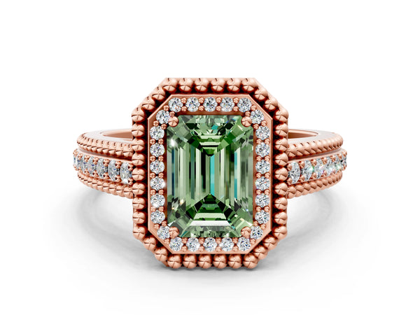 Rose Gold Emerald Cut Beaded Halo Engagement Ring Setting for Fancy Green Center with Pave