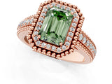 Rose gold Fancy Green Emerald Cut Halo Diamond Ring with Beaded Split Shank and Four-Prong Setting_1