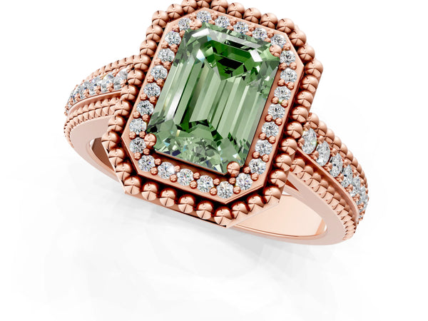 Rose Gold Emerald Cut Beaded Halo Engagement Ring Setting for Fancy Green Center with Pave
