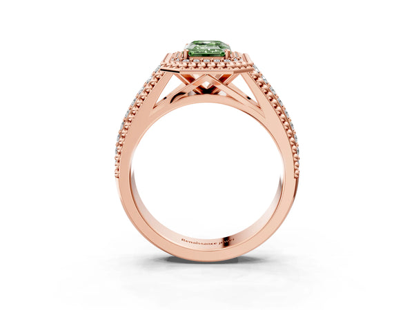 Rose Gold Emerald Cut Beaded Halo Engagement Ring Setting for Fancy Green Center with Pave