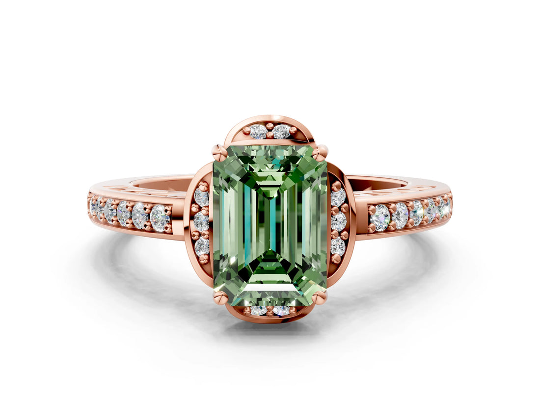 Rose gold Fancy Green Emerald  Cut Halo Diamond Ring with Channel Set Band and Four-Prong Setting_32