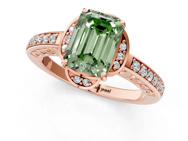 Rose gold Fancy Green Emerald  Cut Halo Diamond Ring with Channel Set Band and Four-Prong Setting