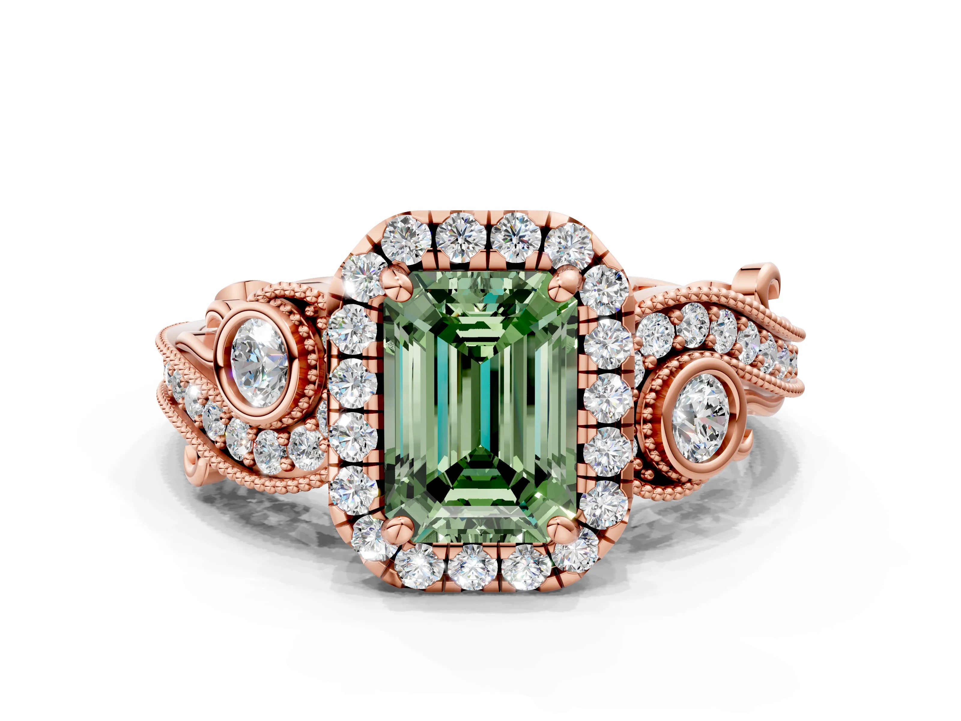 Rose gold Fancy Green Emerald Cut Halo Diamond Ring with Milgrain and Bezel Accents on a Split Shank Band