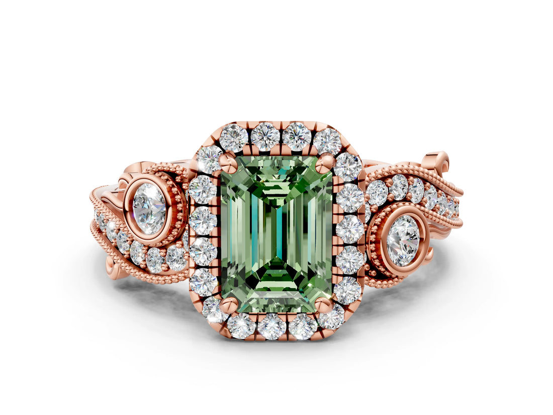 Rose gold Fancy Green Emerald Cut Halo Diamond Ring with Milgrain and Bezel Accents on a Split Shank Band_12