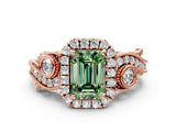 Rose gold Fancy Green Emerald Cut Halo Diamond Ring with Milgrain and Bezel Accents on a Split Shank Band_12