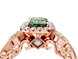Rose gold Fancy Green Emerald Cut Halo Diamond Ring with Milgrain and Bezel Accents on a Split Shank Band_16