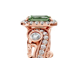 Rose gold Fancy Green Emerald Cut Halo Diamond Ring with Milgrain and Bezel Accents on a Split Shank Band_17