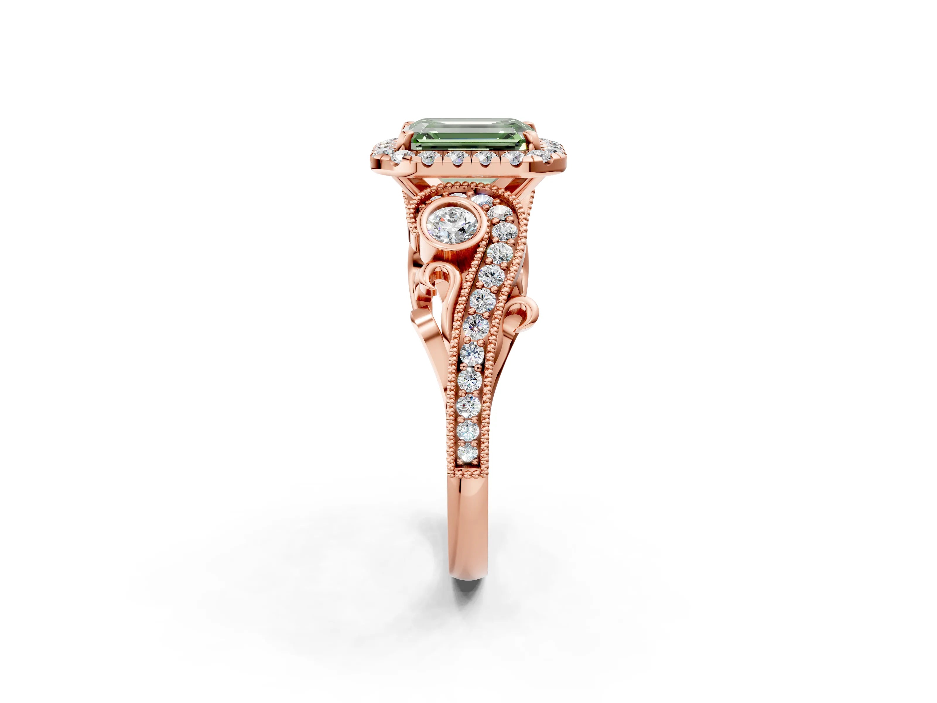 Rose gold Fancy Green Emerald Cut Halo Diamond Ring with Milgrain and Bezel Accents on a Split Shank Band_2