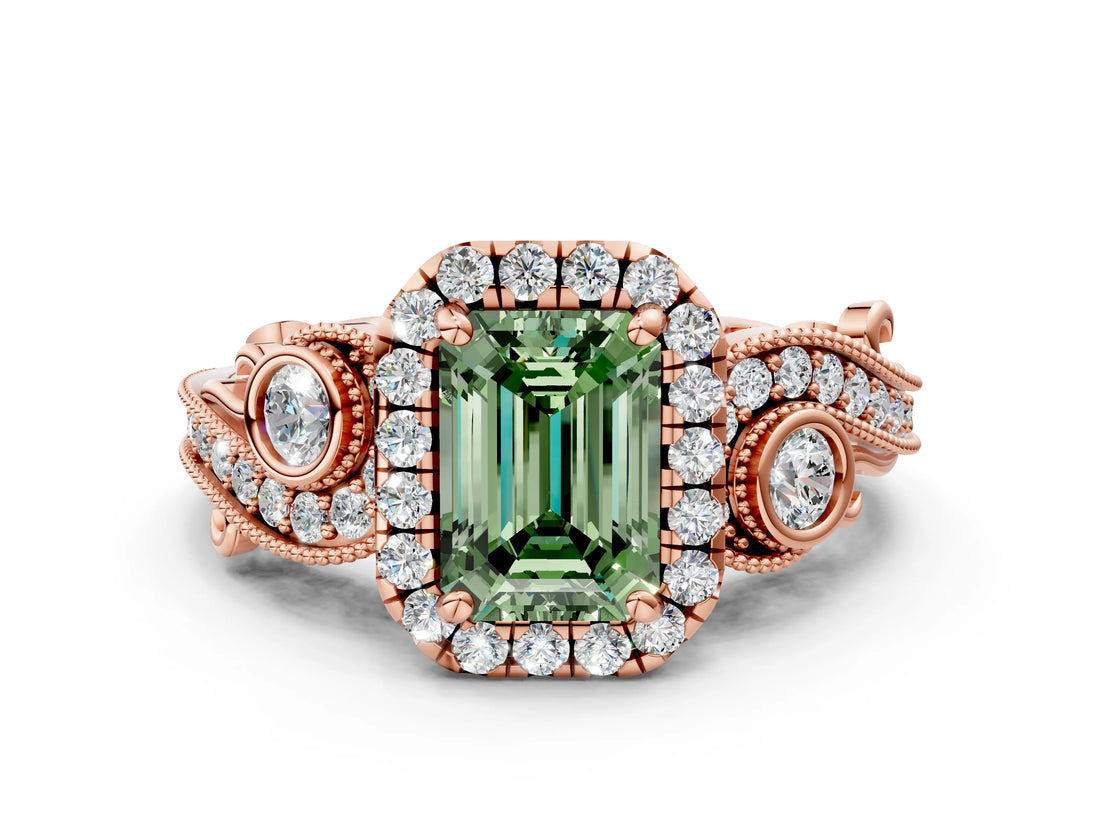Rose gold Fancy Green Emerald Cut Halo Diamond Ring with Milgrain and Bezel Accents on a Split Shank Band_24
