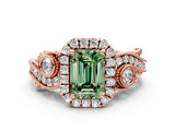 Rose gold Fancy Green Emerald Cut Halo Diamond Ring with Milgrain and Bezel Accents on a Split Shank Band_24
