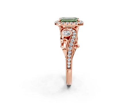 Rose gold Fancy Green Emerald Cut Halo Diamond Ring with Milgrain and Bezel Accents on a Split Shank Band_2