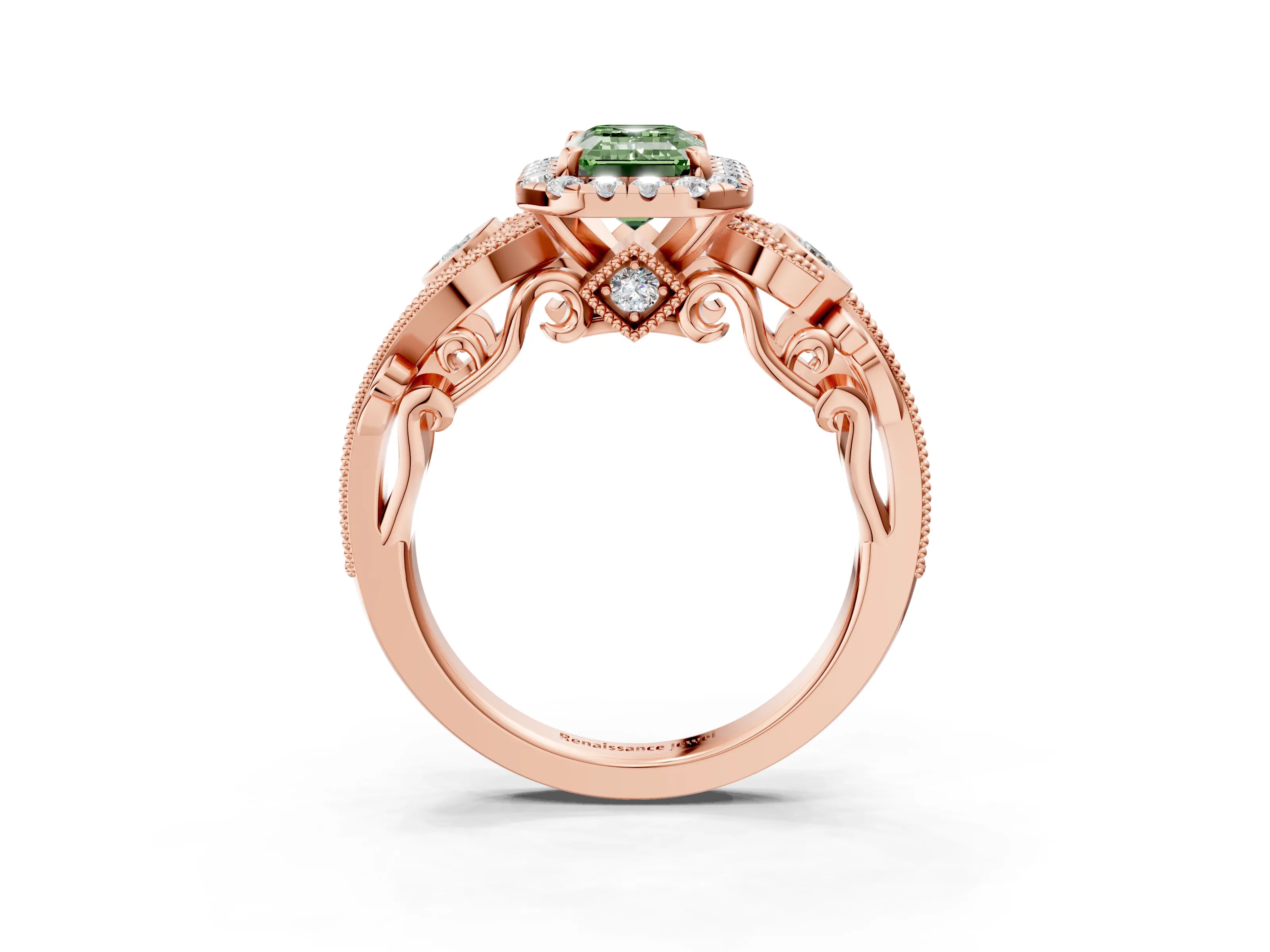 Rose gold Fancy Green Emerald Cut Halo Diamond Ring with Milgrain and Bezel Accents on a Split Shank Band_3