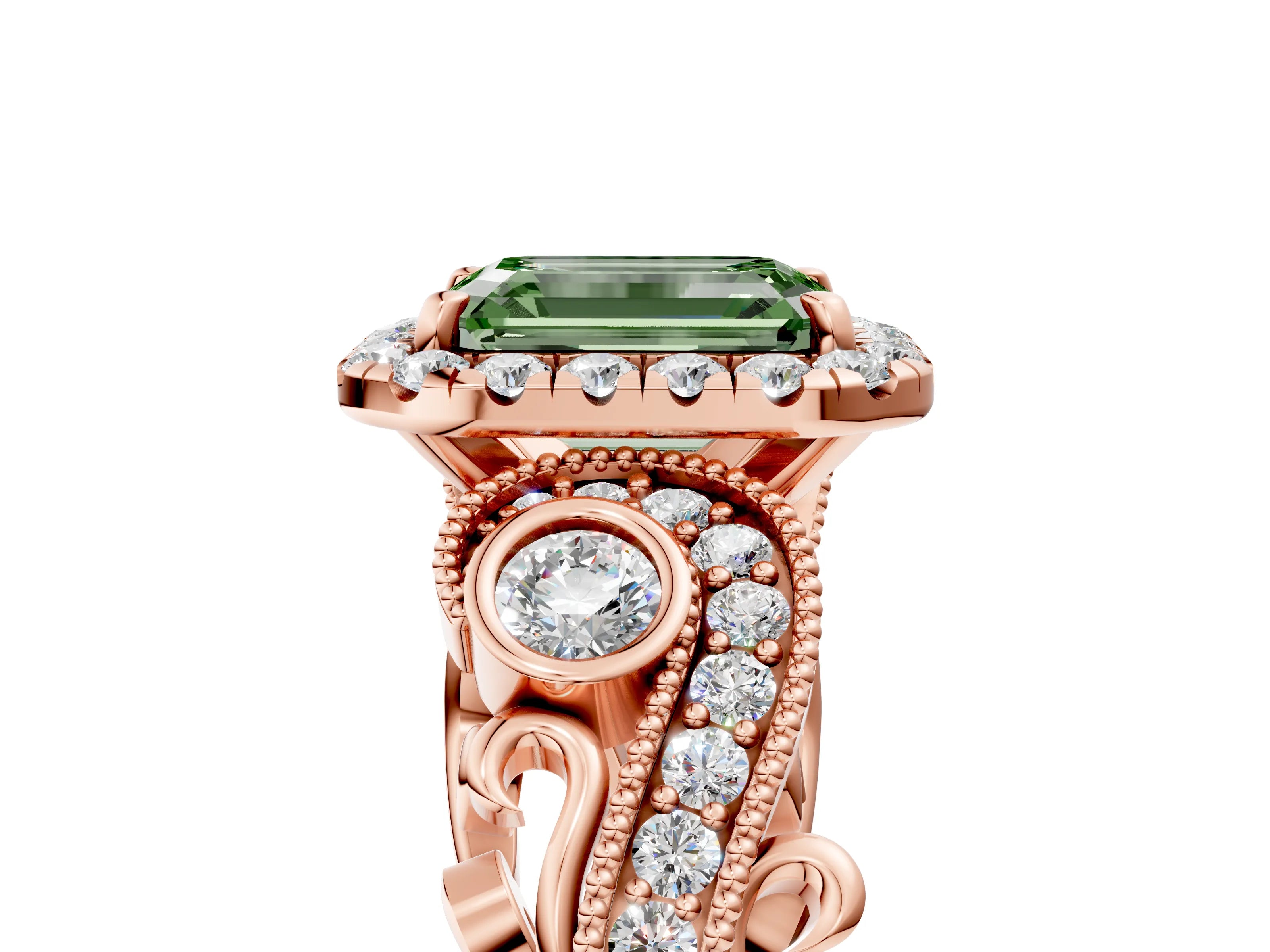 Rose gold Fancy Green Emerald Cut Halo Diamond Ring with Milgrain and Bezel Accents on a Split Shank Band_5