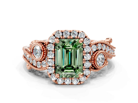 Rose gold Fancy Green Emerald Cut Halo Diamond Ring with Milgrain and Bezel Accents on a Split Shank Band