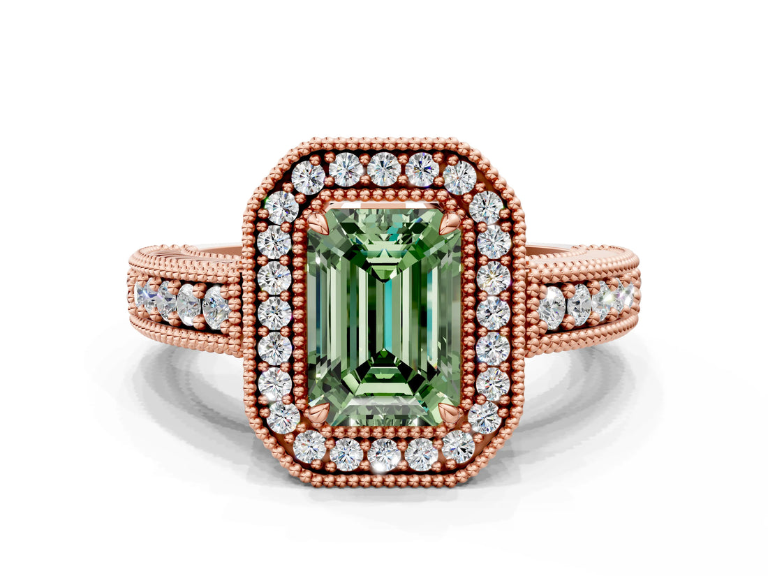Rose gold Fancy Green Emerald  Cut Halo Diamond Ring with Pavé Band and Four-Prong Setting_67