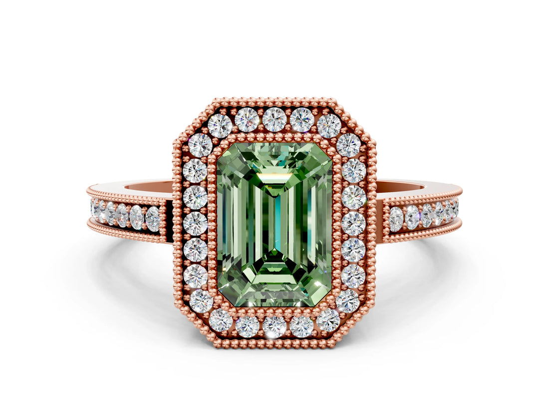 Rose gold Fancy Green Emerald  Cut Halo Diamond Ring with Pavé Band and Milgrain Prong Setting_32