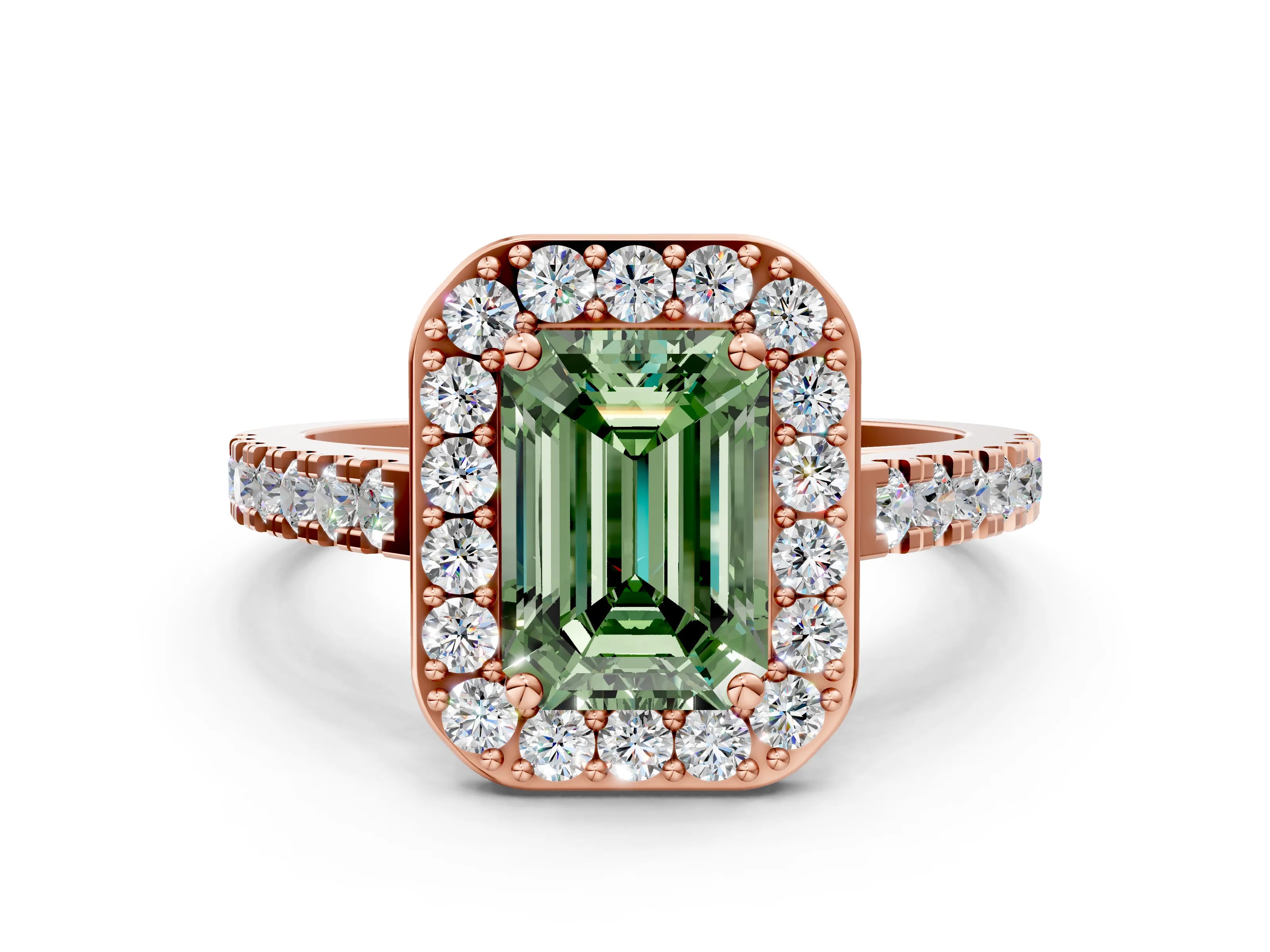 Rose gold Fancy Green Emerald Cut Halo Diamond Ring with Pavé Band and Three-Prong Setting