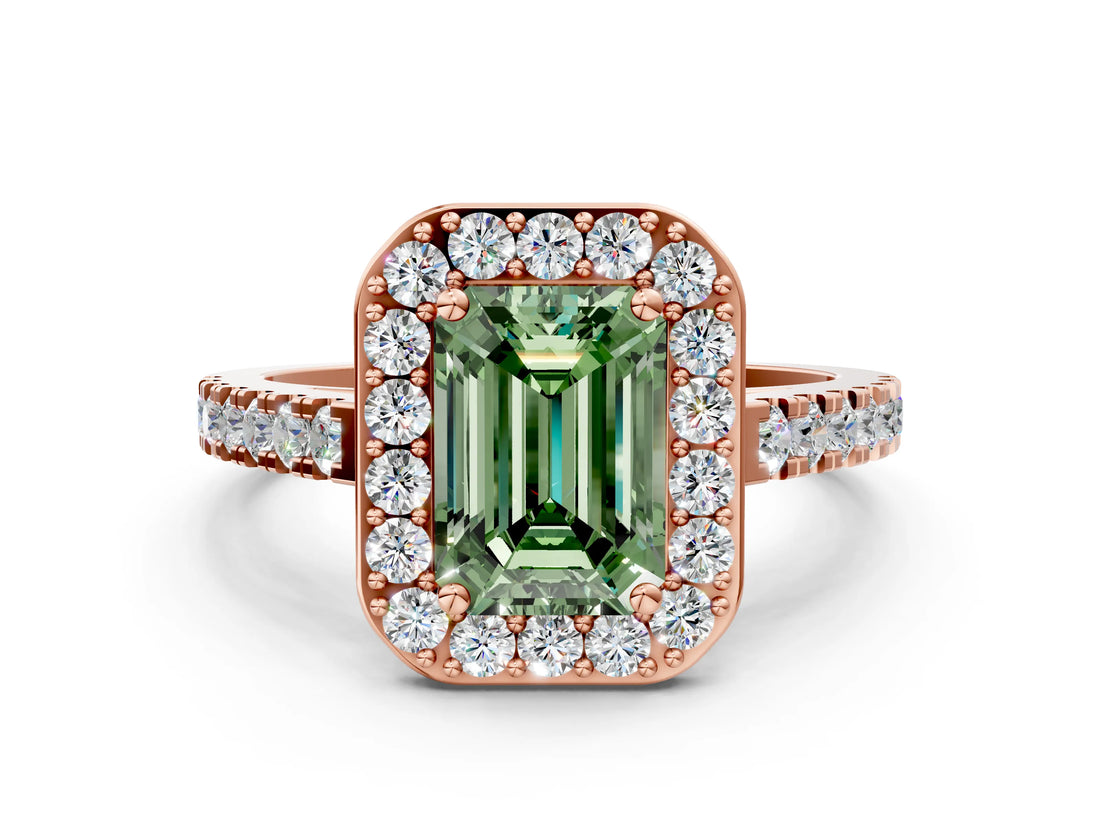 Rose gold Fancy Green Emerald Cut Halo Diamond Ring with Pavé Band and Three-Prong Setting