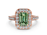 Rose gold Fancy Green Emerald Cut Halo Diamond Ring with Pavé Band and Three-Prong Setting