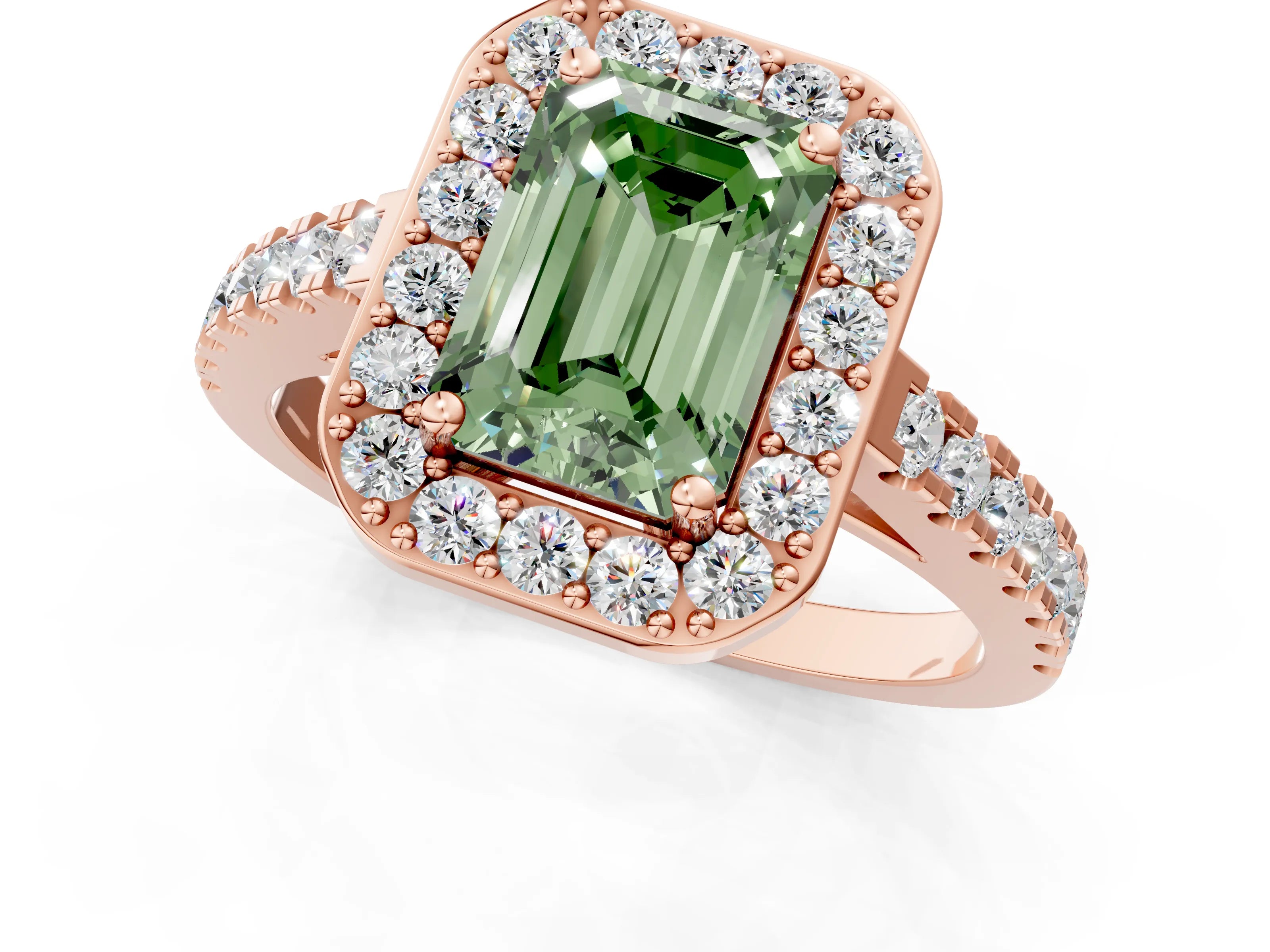 Rose gold Fancy Green Emerald Cut Halo Diamond Ring with Pavé Band and Three-Prong Setting_1