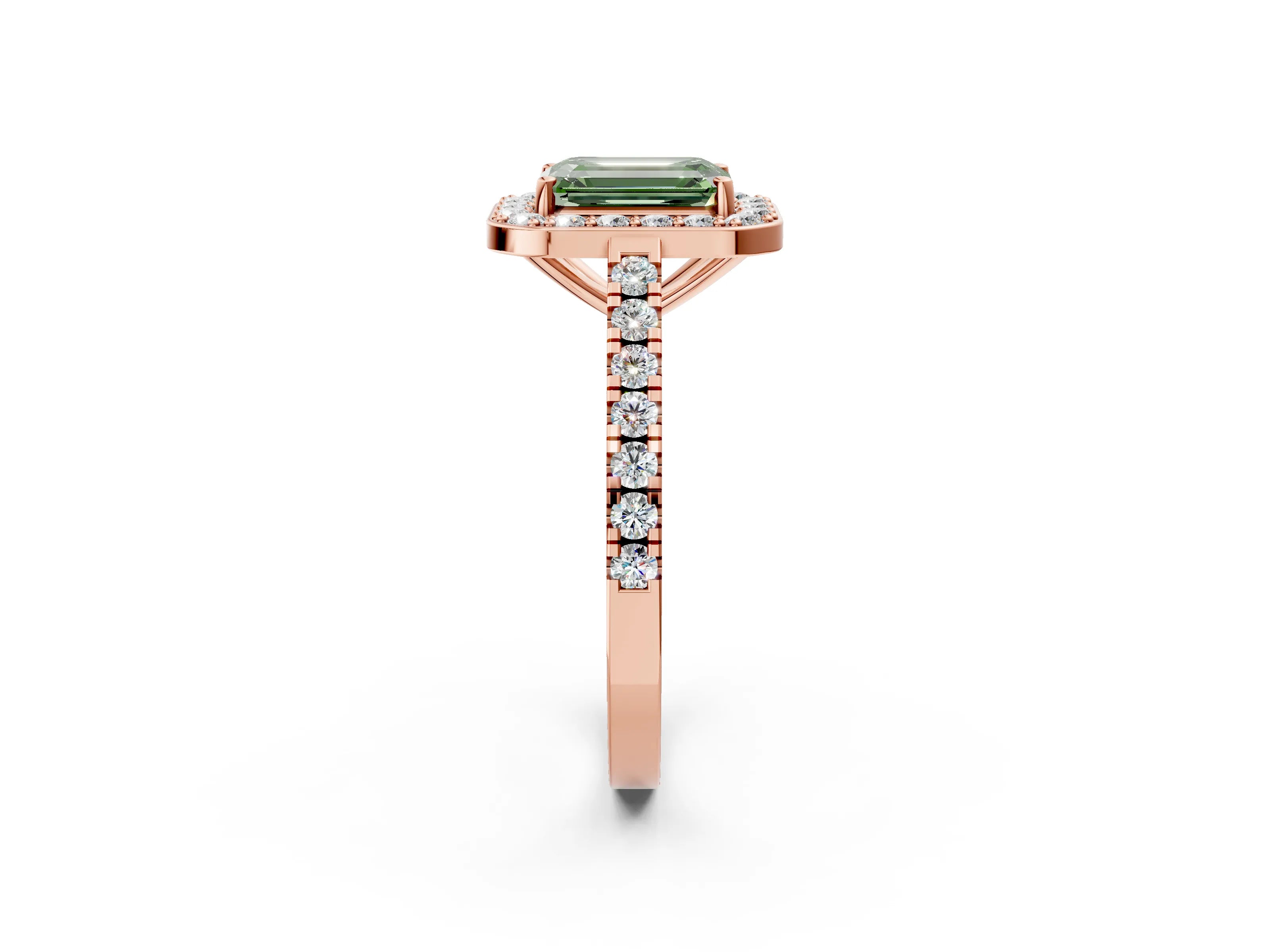 Rose gold Fancy Green Emerald Cut Halo Diamond Ring with Pavé Band and Three-Prong Setting_2