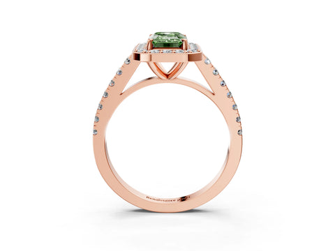 Rose gold Fancy Green Emerald Cut Halo Diamond Ring with Pavé Band and Three-Prong Setting_3