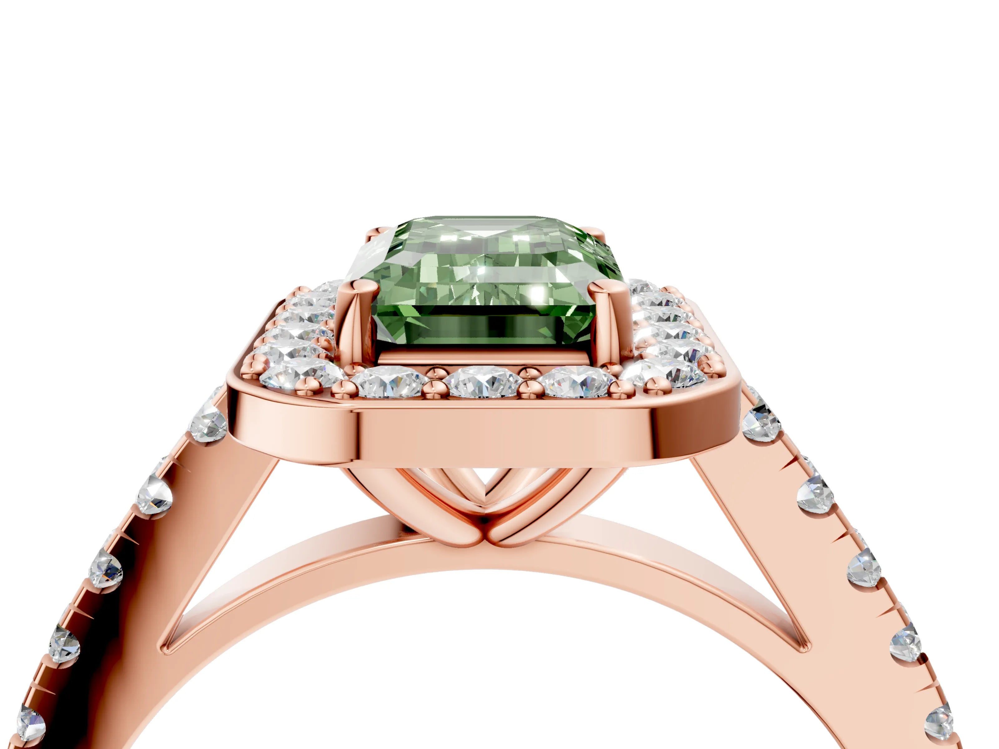 Rose gold Fancy Green Emerald Cut Halo Diamond Ring with Pavé Band and Three-Prong Setting_4
