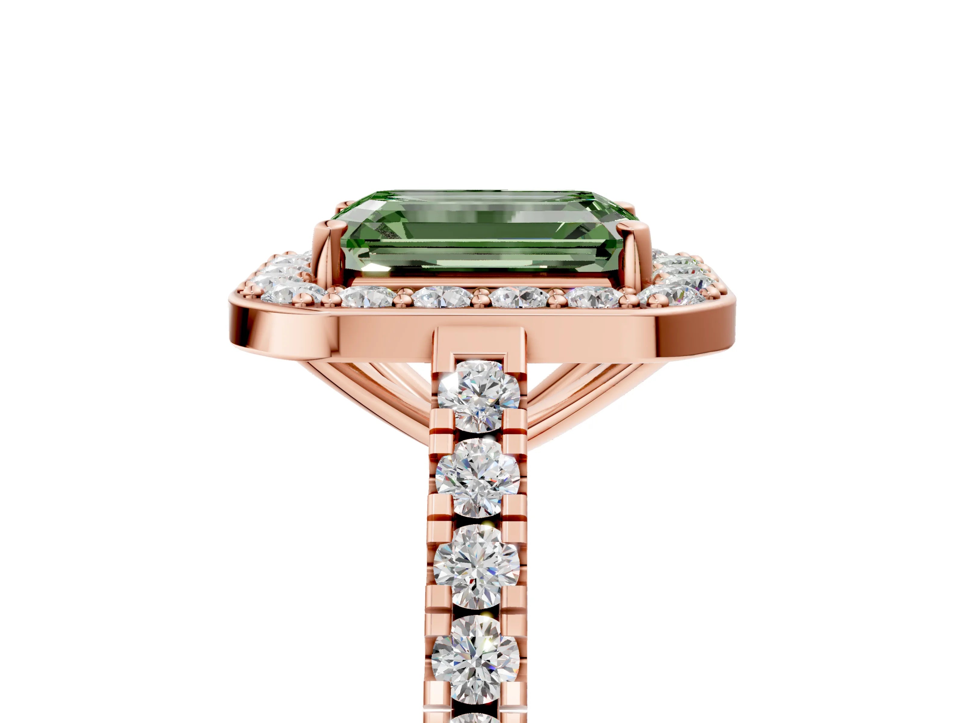 Rose gold Fancy Green Emerald Cut Halo Diamond Ring with Pavé Band and Three-Prong Setting_5