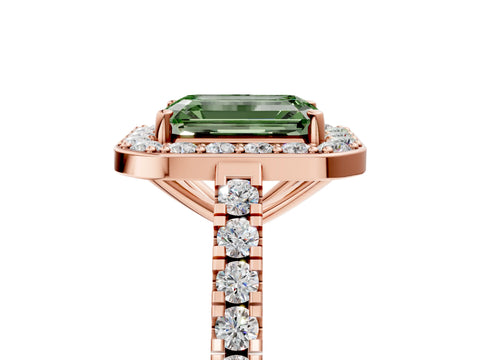 Rose gold Fancy Green Emerald Cut Halo Diamond Ring with Pavé Band and Three-Prong Setting_5