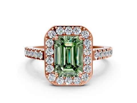 Rose gold Fancy Green Emerald Cut Halo Diamond Ring with Pavé Band and Three-Prong Setting