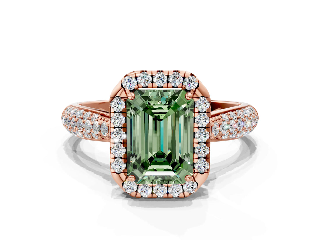 Rose gold Fancy Green Emerald Cut Halo Diamond Ring with Pavé Band